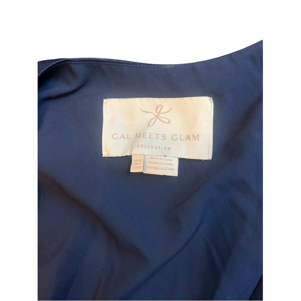 Gal Meets Glam Navy Jennifer Shimmer Satin Wrap Midi Dress Ruffle Hem Size 2 - Picture 5 of 8